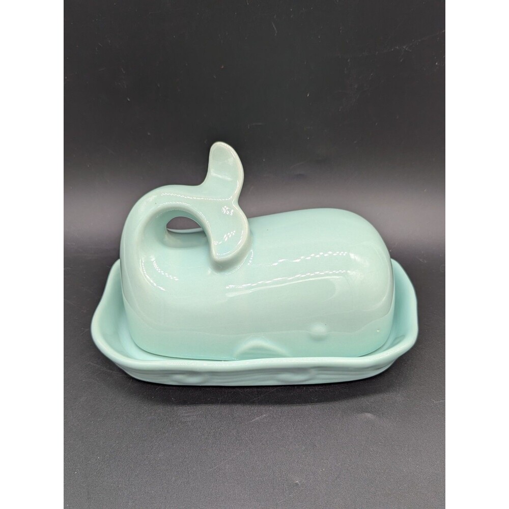 Ceramic Whale Butter Dish Aqua Blue Kitchen Decor Fish Glossy EUC